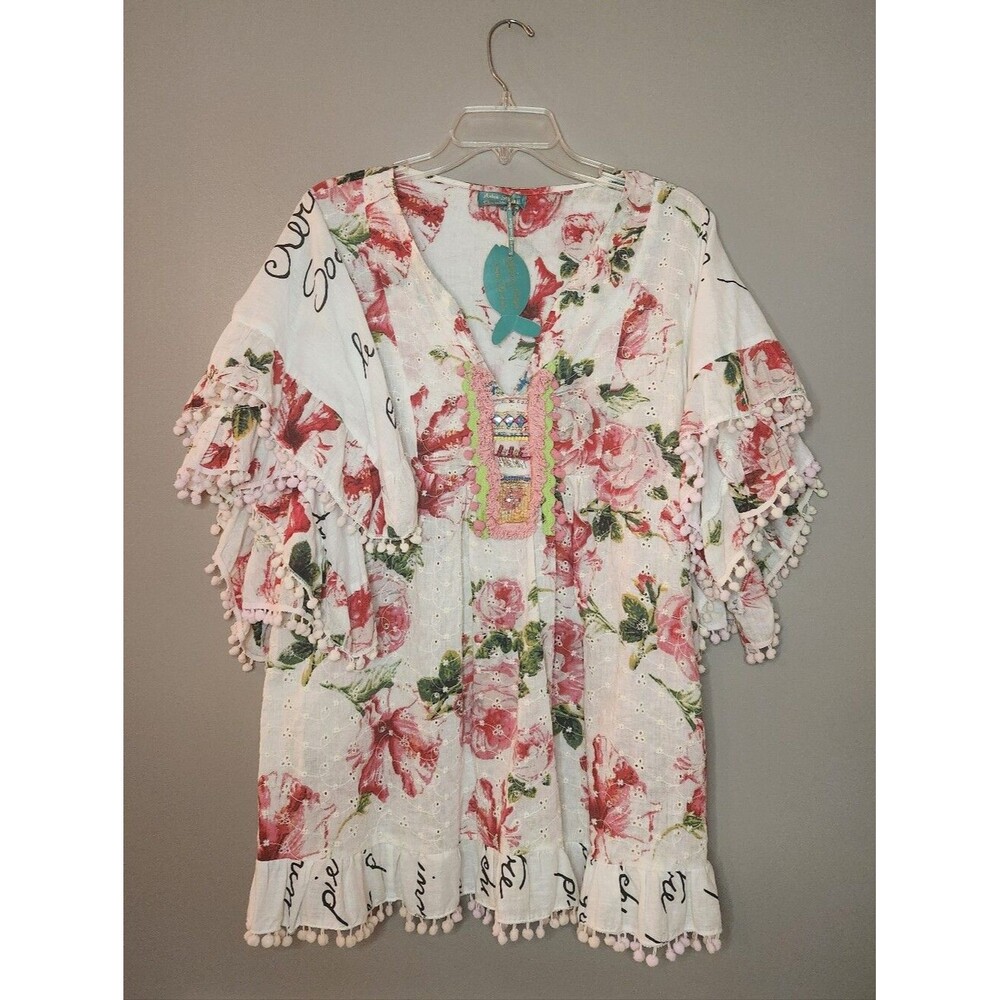 Antica Sartoria Embroidered Floral Boho Summer Tunic, One Size